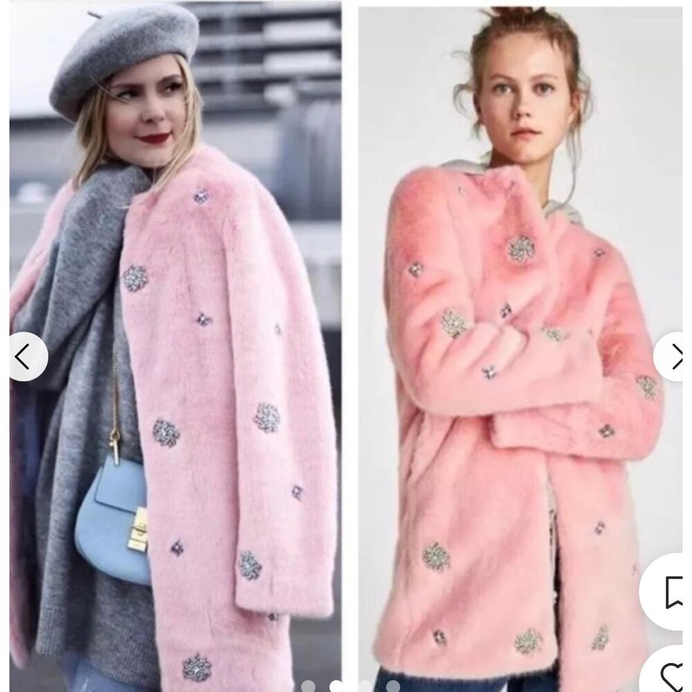 ZARA COLLECTION - Pink Bejeweled Faux Fur Coat blue beads party - Picture 2 of 16